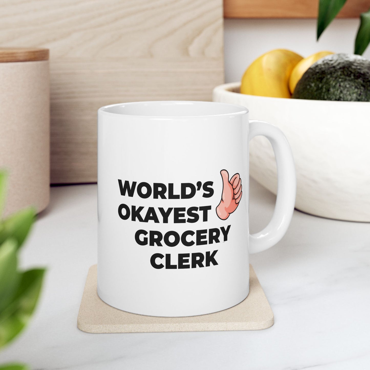 Taglines Gift Co. - World's Okayest Grocery Clerk 11 oz Ceramic Mug - Novelty Coffee Tea Cup