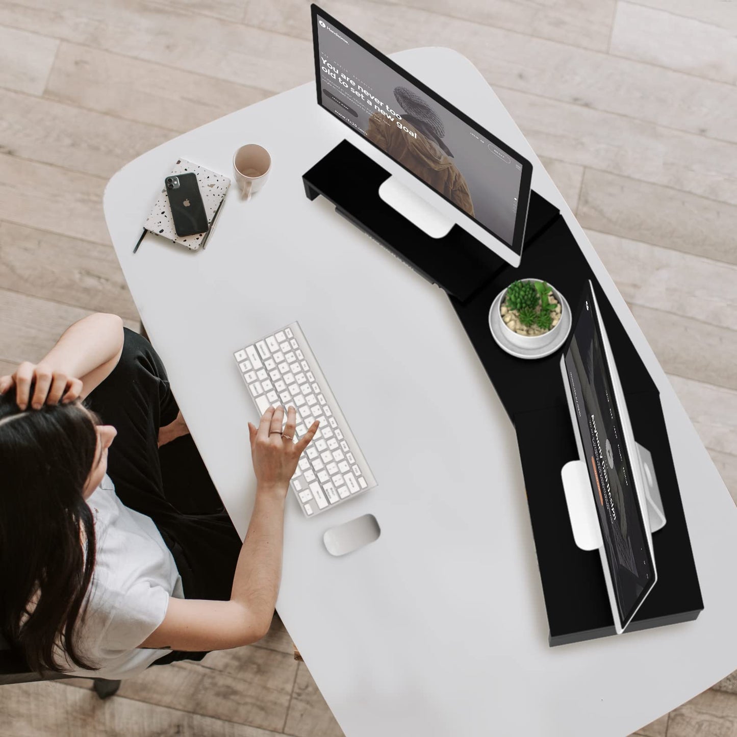 TAVR Dual Monitor Stand Riser Office Desktop Organizer Stand for 2 Monitors, Adjustable Length and Angle 3 Shelf, Extra Long Multifunctional Stand up to 48.2" fit Computer, Laptop, TV, Black