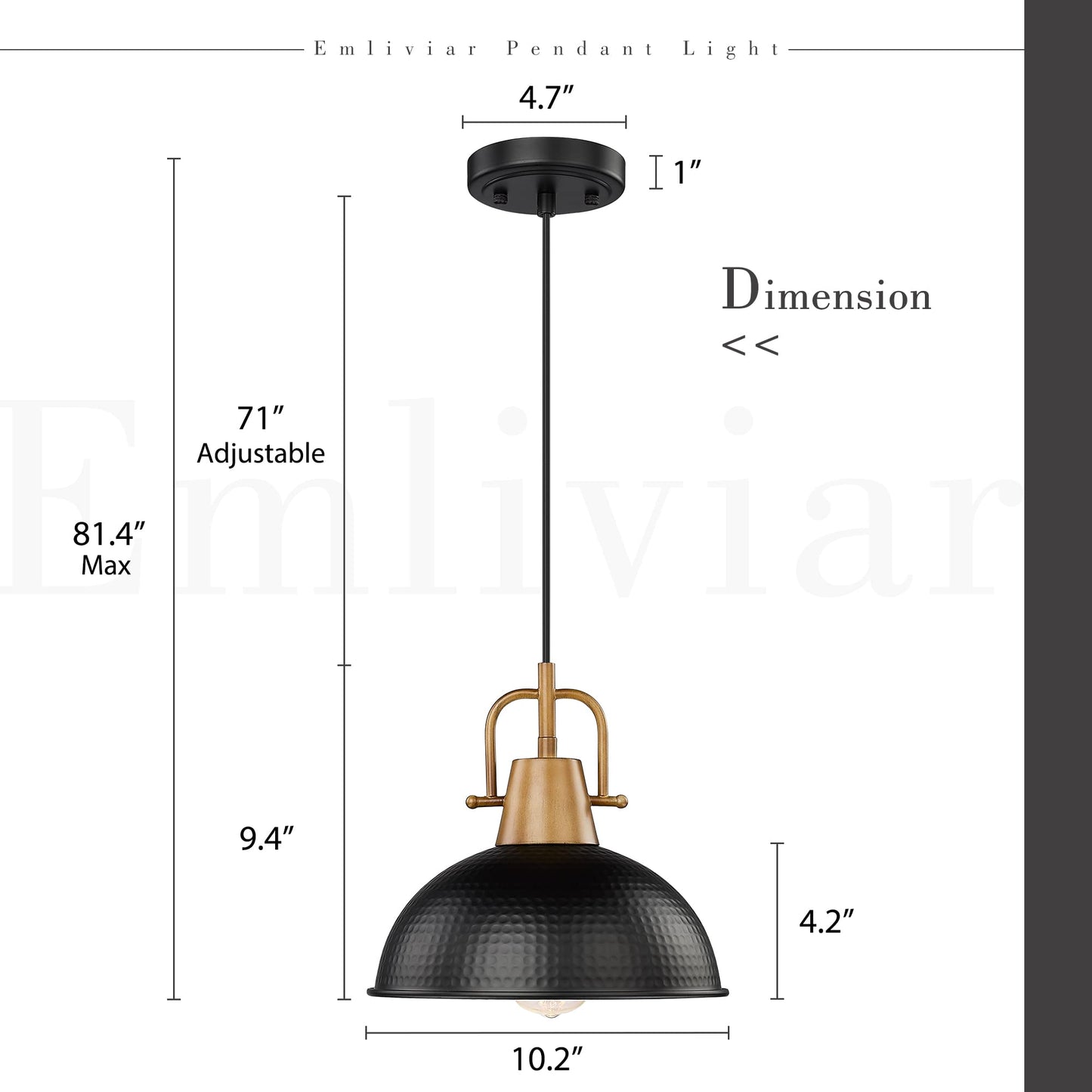 Emliviar 10.2 Inch 1-Light Farmhouse Pendant Light, Modern Pendant Lighting for Kitchen Island, Hammered Metal Dome Shade in Black Finish, GE269MIL BK+WD