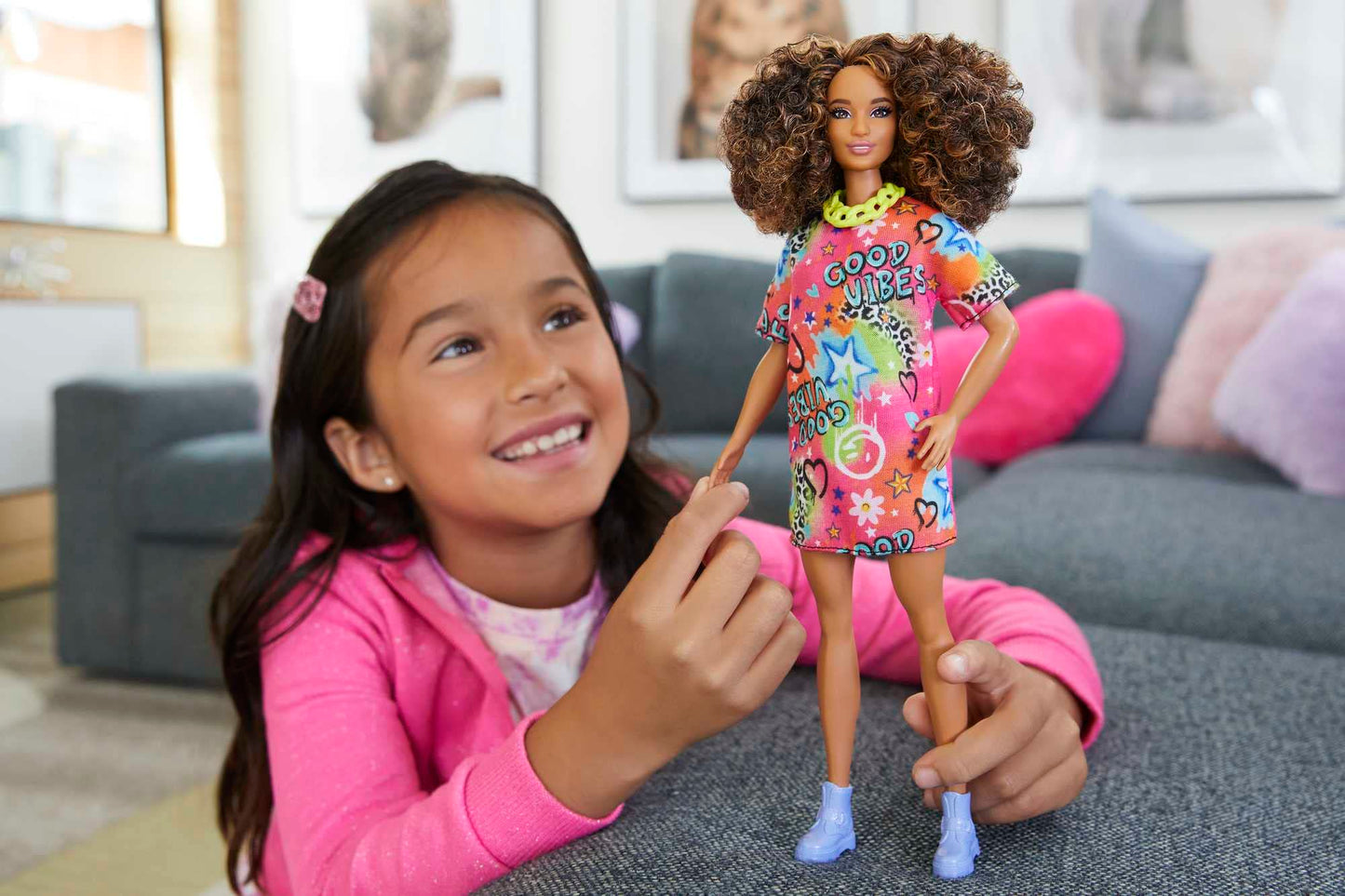 Barbie Fashionistas Doll #201 in Graffiti Dress with Athletic Body, Curly Brunette Hair & Accessories