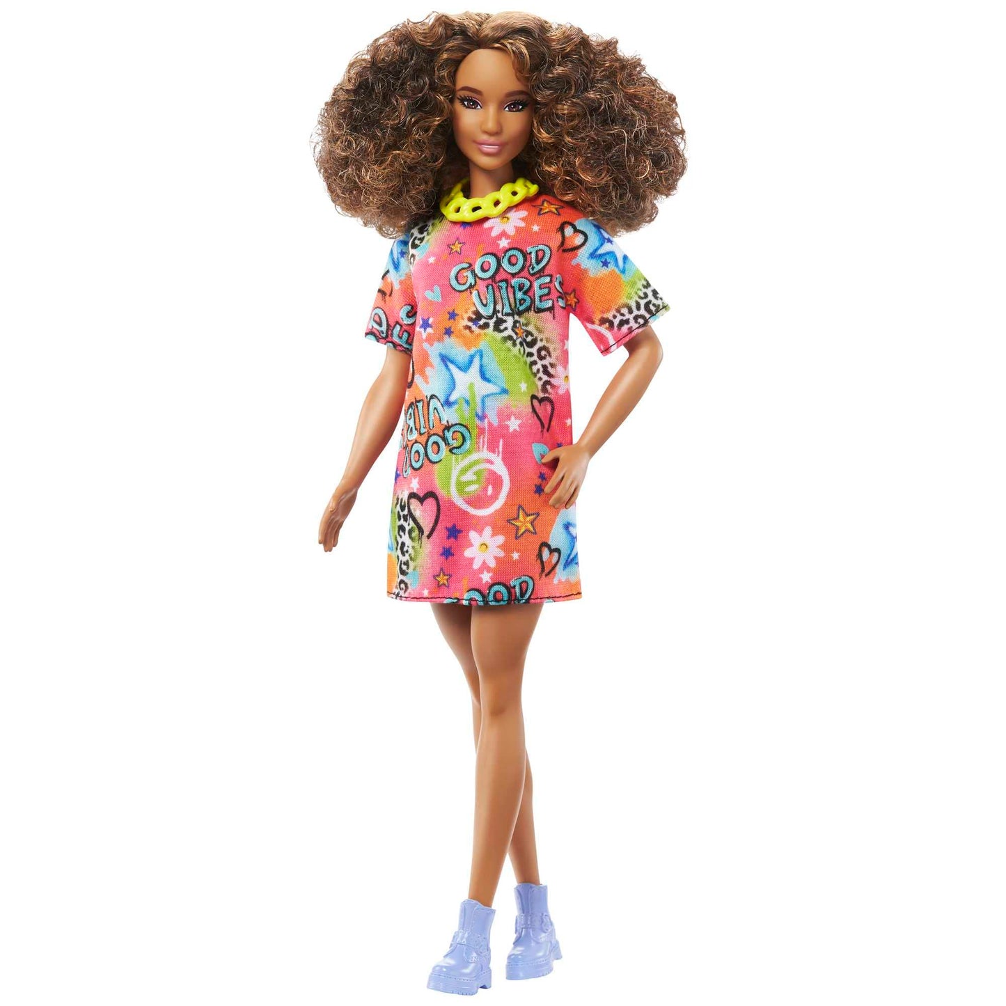 Barbie Fashionistas Doll #201 in Graffiti Dress with Athletic Body, Curly Brunette Hair & Accessories