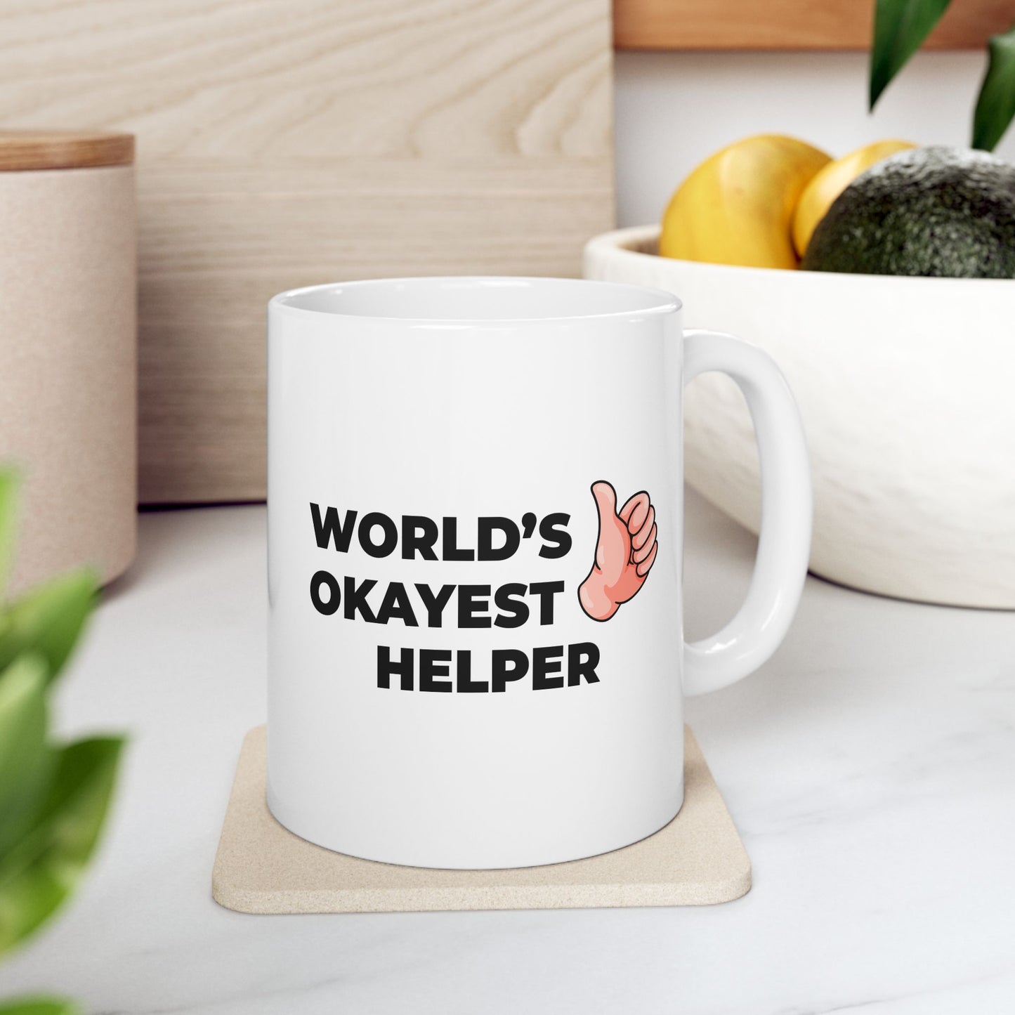 Taglines Gift Co. - World's Okayest Helper 11 oz Ceramic Mug - Novelty Coffee Tea Cup