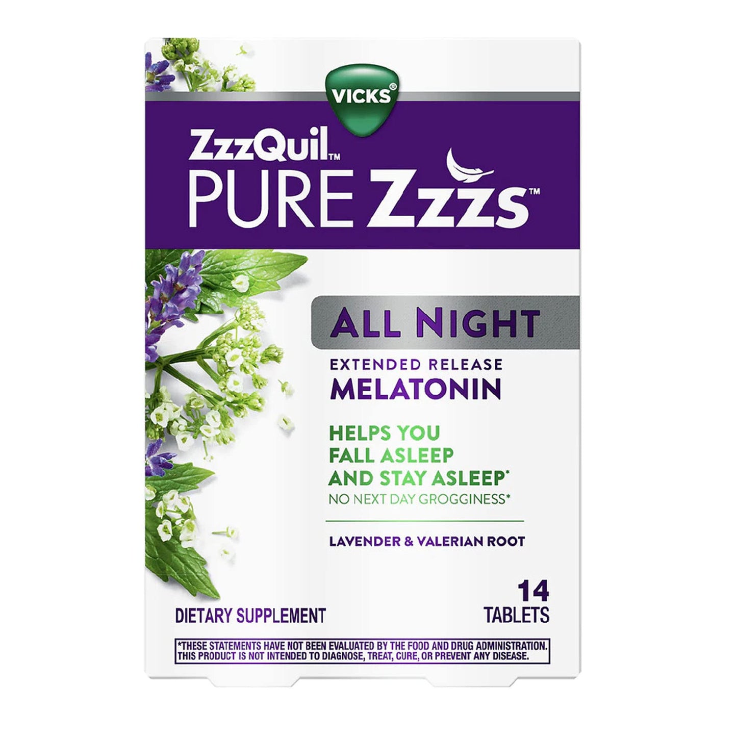 Vicks ZzzQuil Pure Zzzs All Night Extended Release Melatonin Sleep Aid Tablets, Dietary Supplement, 14 Ct