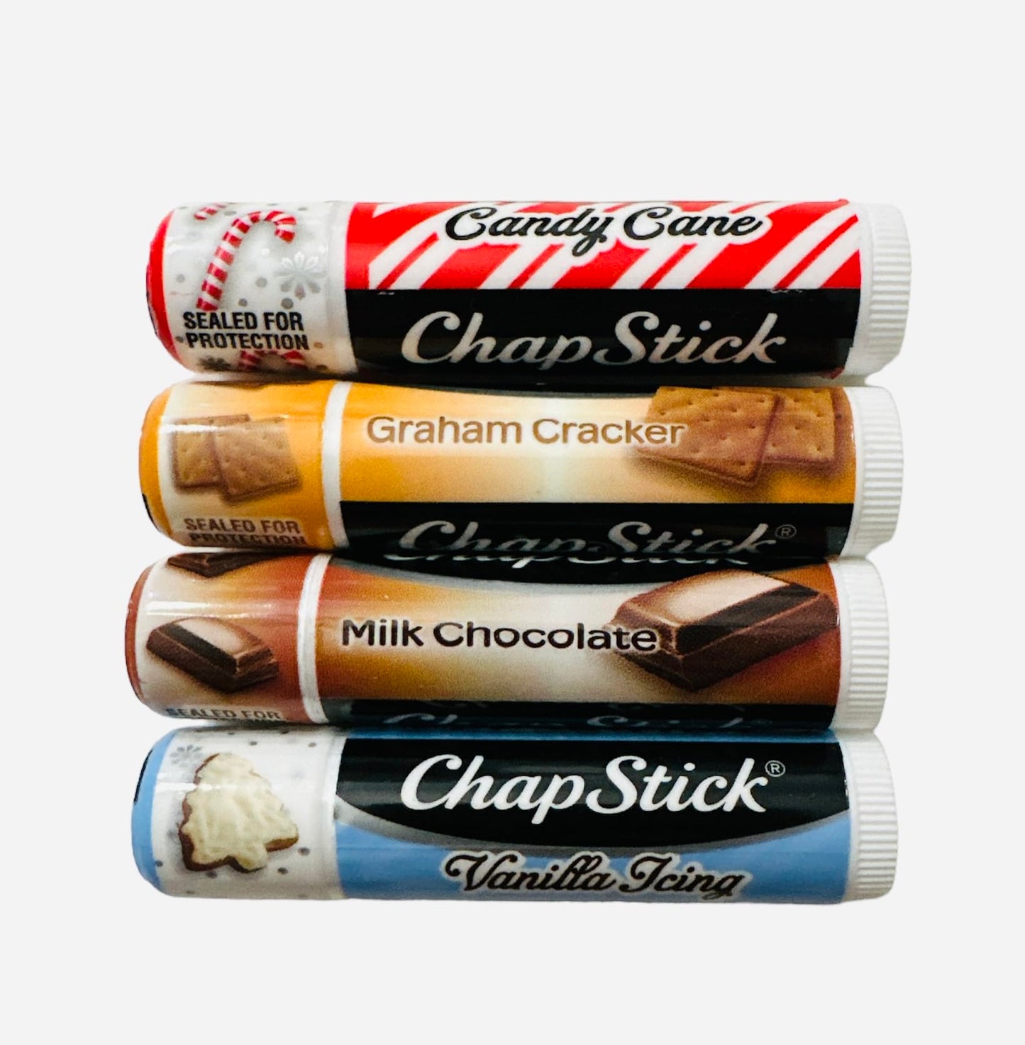Chapstick GingerBread, Holiday Graham Cracker, Candy Cane, Vanilla Icing and Milk Chocolate Lip Balm - 4ct