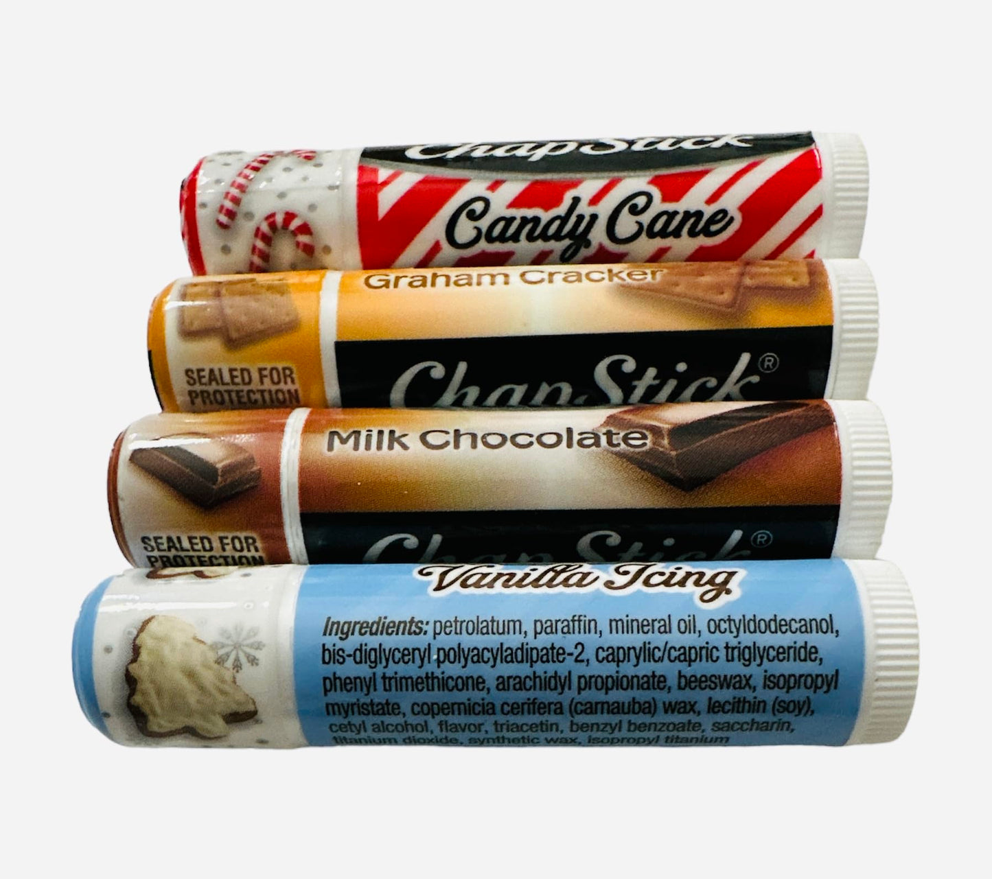 Chapstick GingerBread, Holiday Graham Cracker, Candy Cane, Vanilla Icing and Milk Chocolate Lip Balm - 4ct