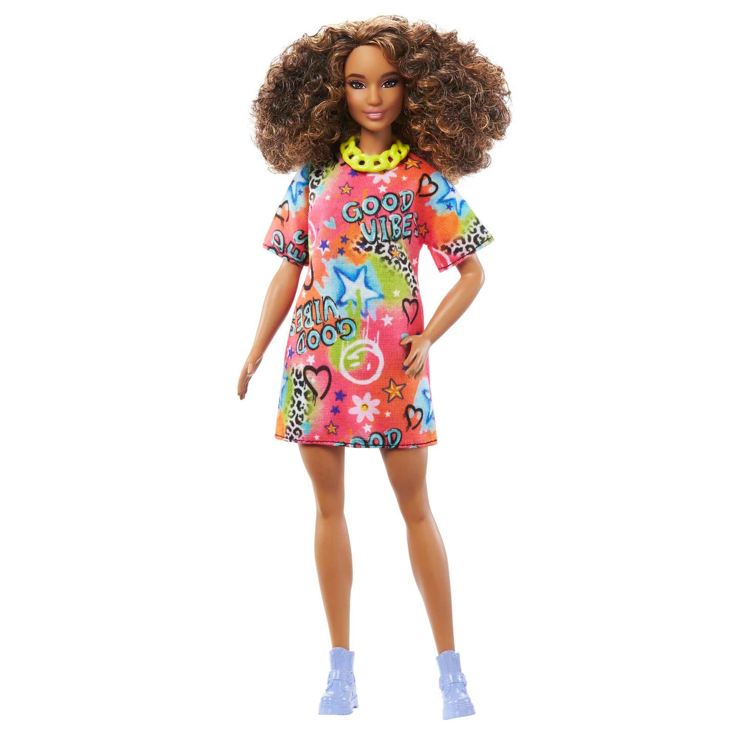 Barbie Fashionistas Doll #201 in Graffiti Dress with Athletic Body, Curly Brunette Hair & Accessories
