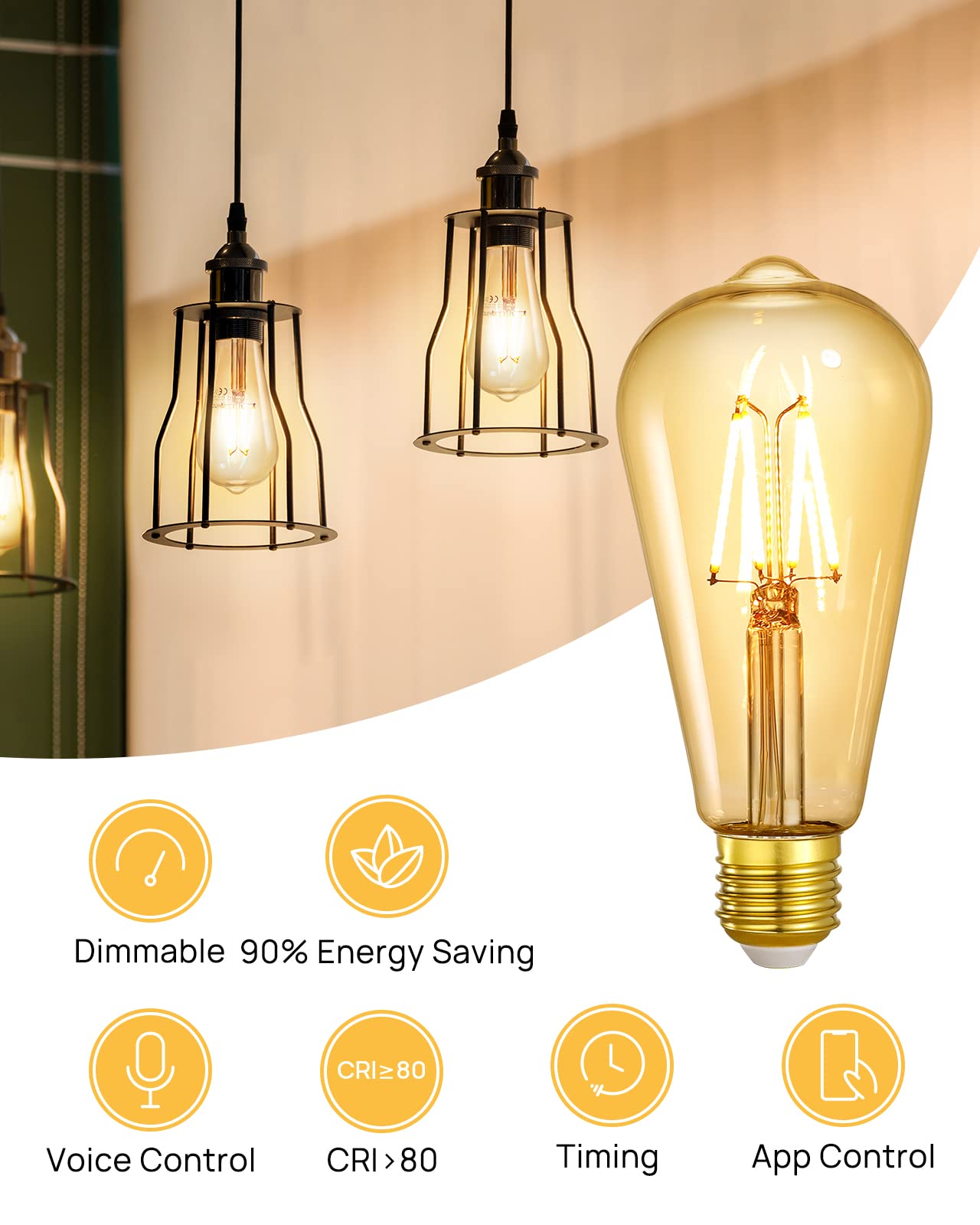 Linkind Smart Edison Bulbs, WiFi LED E26 Edison Bulbs, Dimmable ST19 Vintage Filament Light Bulb, 45W Equivalent, 2200K Soft White, 350lm, Compatible with Alexa, Google Home, No Hub Required, 4 Pack