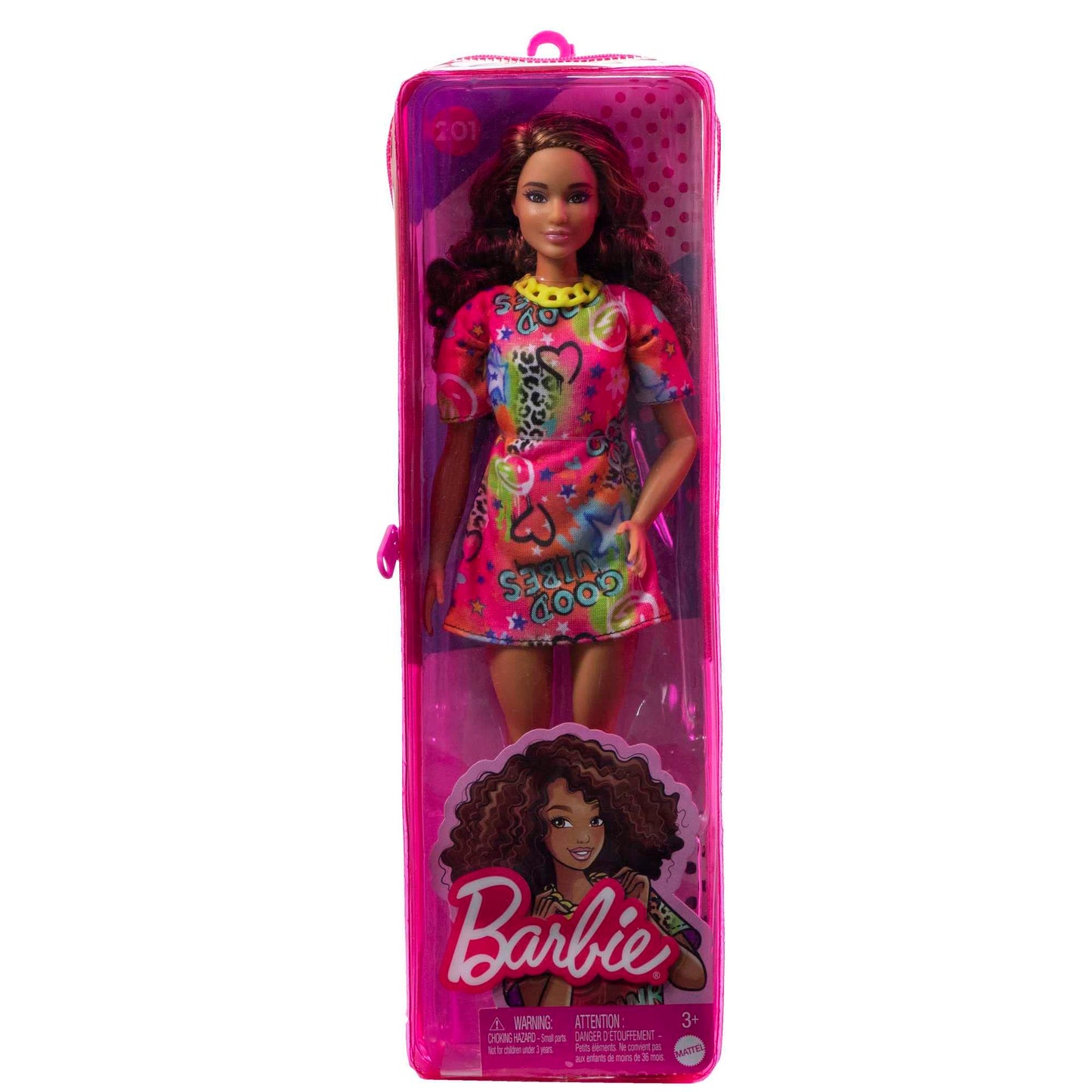 Barbie Fashionistas Doll #201 in Graffiti Dress with Athletic Body, Curly Brunette Hair & Accessories