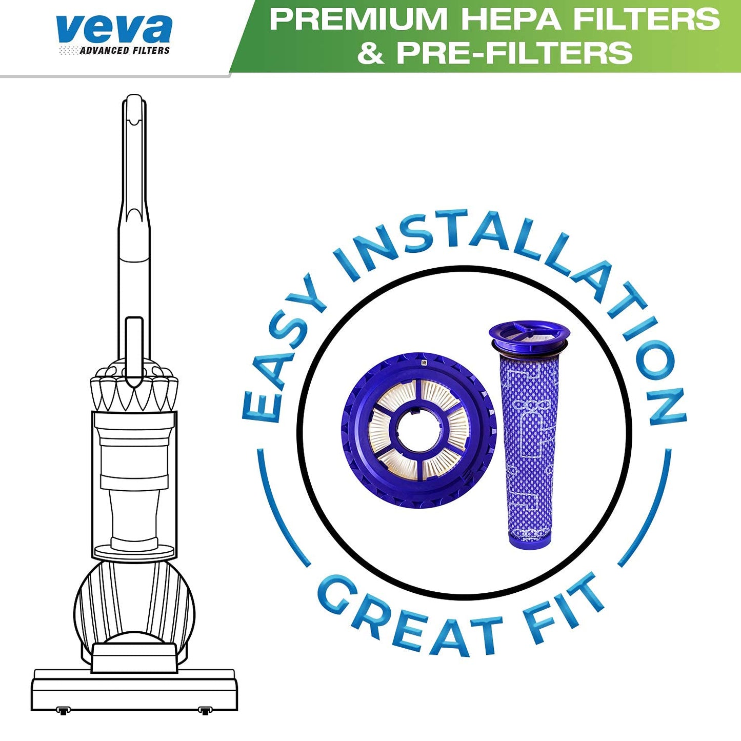 VEVA Vacuum Filter Set with 6 Pieces Total of 3 HEPA Filters, 3 Pre Filters