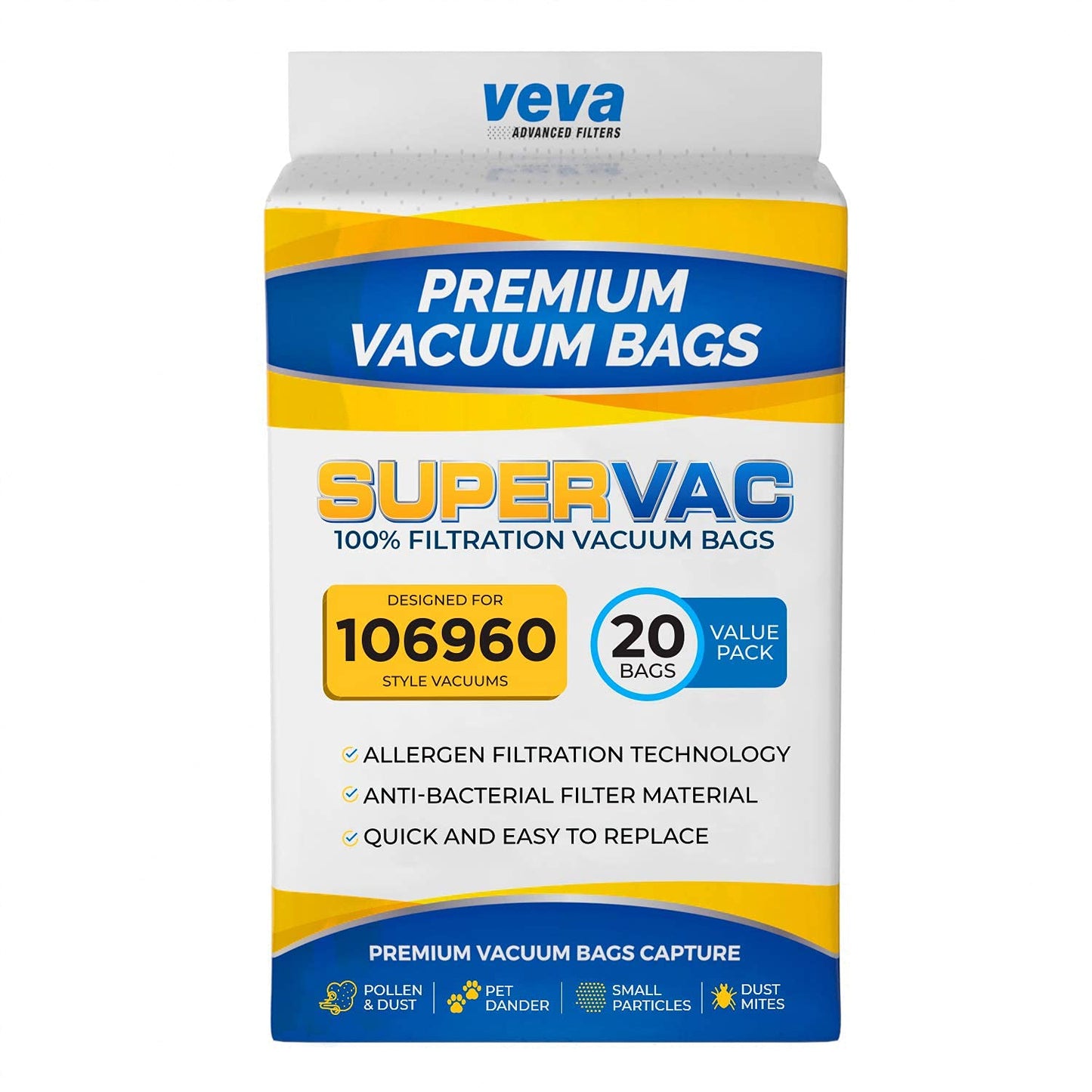 VEVA 20 Pack Premium SuperVac Vacuum Bags 106960-Vacuum Cleaner, 6 Quart Bags
