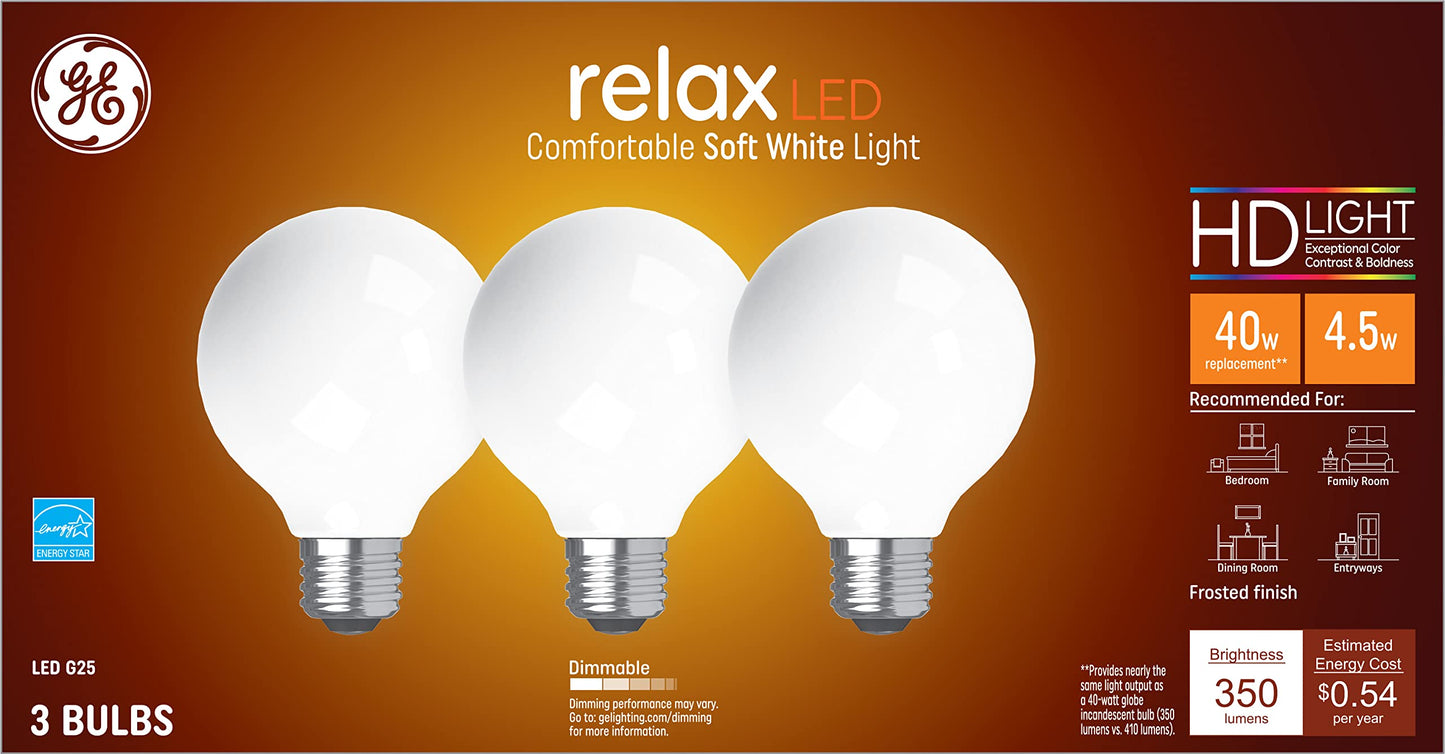 Ge Lighting 43269 4.5 Watt E26 G25 Frosted Soft White Led Dimmable Relax Hd Light Bulbs 3 Count