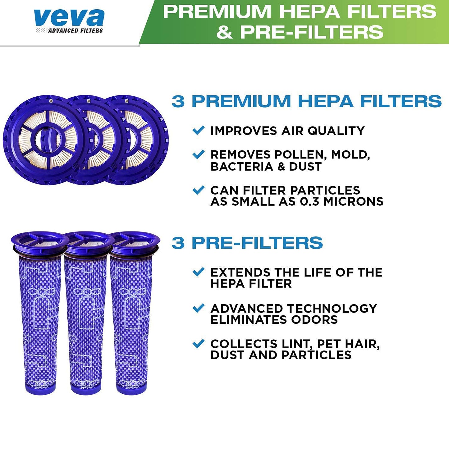 VEVA Vacuum Filter Set with 6 Pieces Total of 3 HEPA Filters, 3 Pre Filters