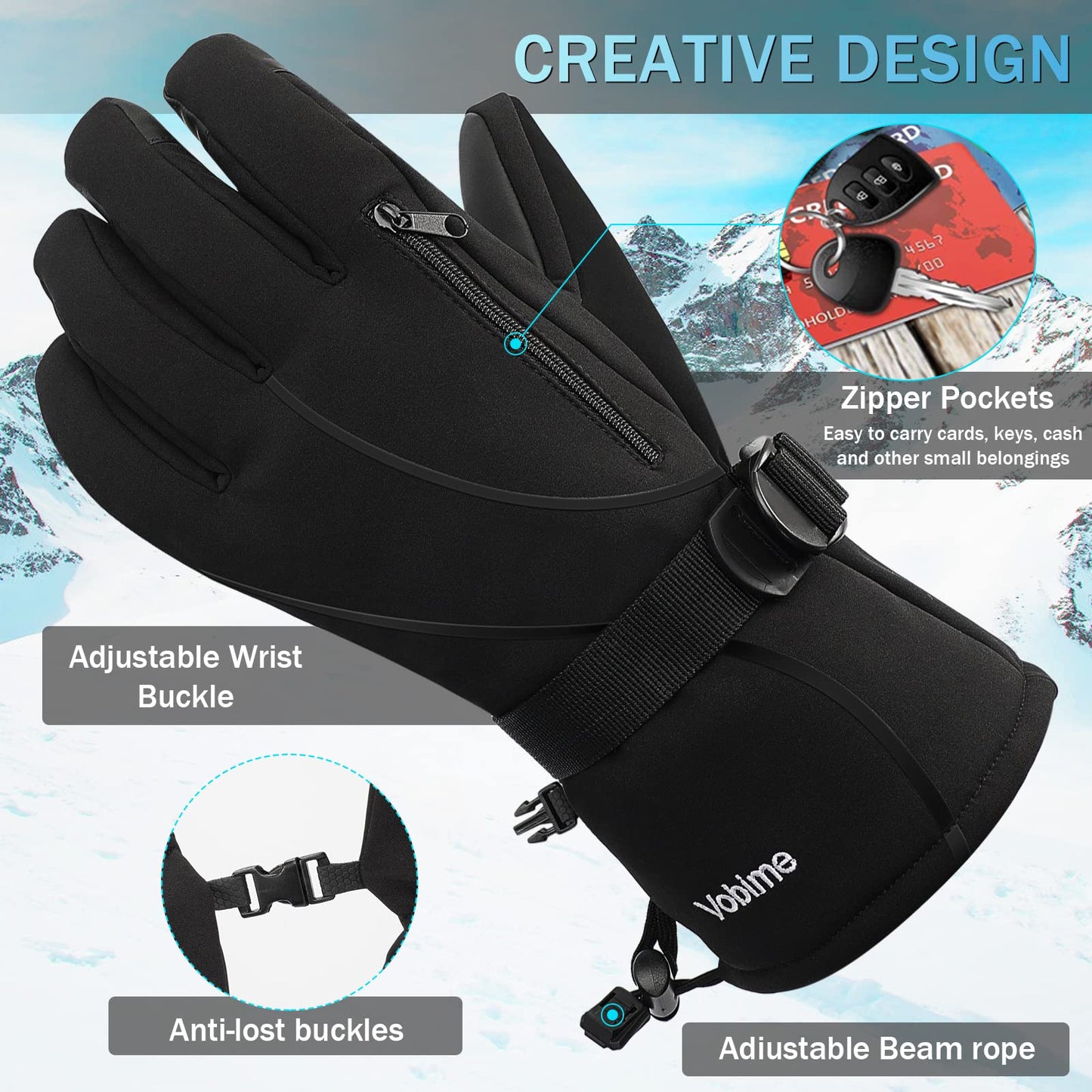 Ski Gloves Man Winter Warm Touchscreen Snow Cold Weather Skiing Snowboarding Women Breathable Waterproof Windproof Snowboard Glove Wrist Leashes
