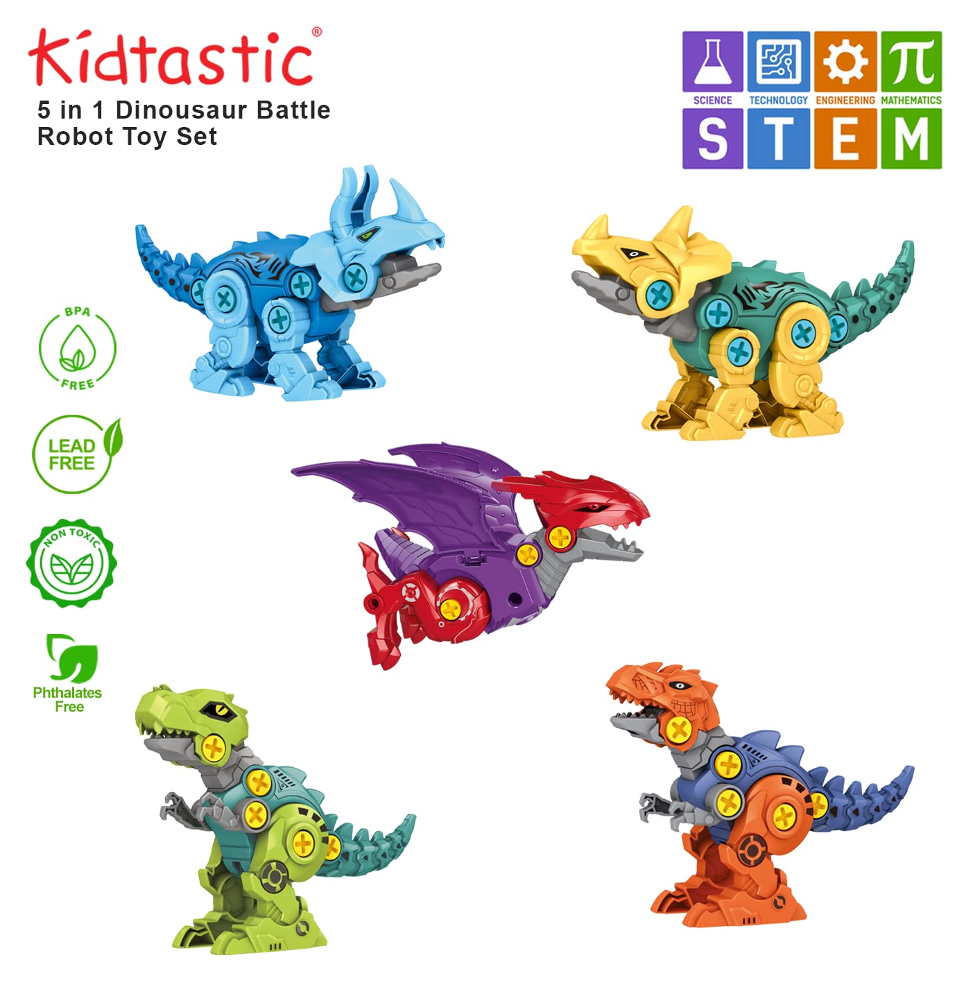 Kidtastic 5-in-1 STEM Dinosaur Robot Toy for Toddlers Ages 3-8, Preschool Learning Toys, Sensory Play for Boys and Girls, Outdoor Fun Dinosaurs Birthday Gifts