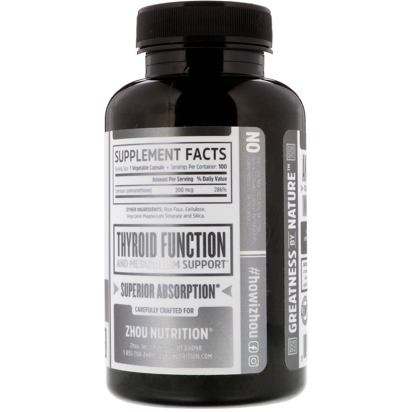 Zhou Selenium 200mcg | for Thyroid, Prostate and Heart Health | Essential Trace Mineral with Superior Absorption | No Yeast | 100 Veg Caps