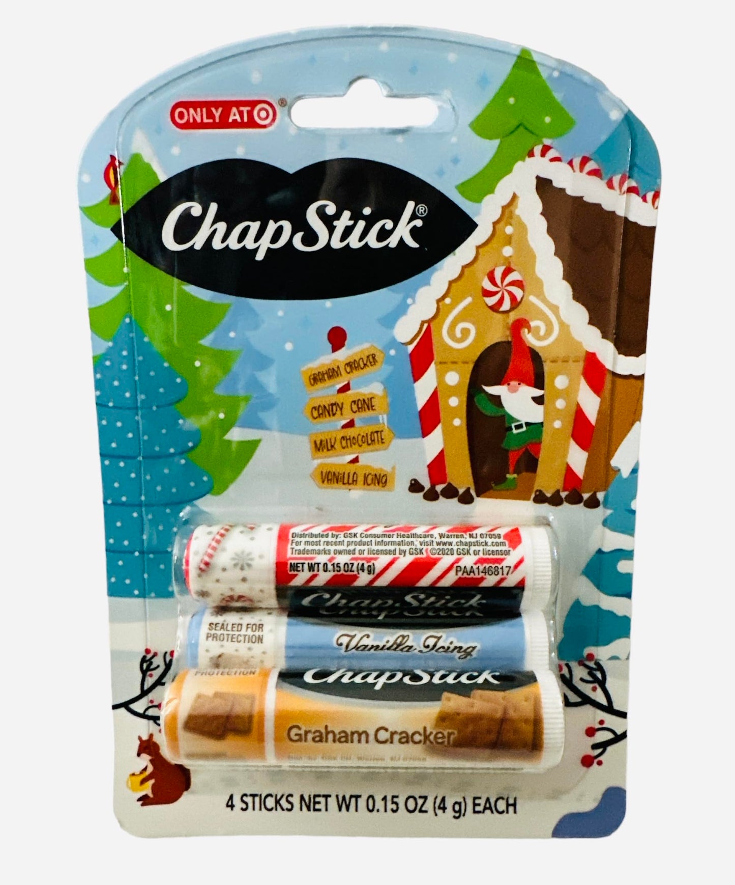 Chapstick GingerBread, Holiday Graham Cracker, Candy Cane, Vanilla Icing and Milk Chocolate Lip Balm - 4ct