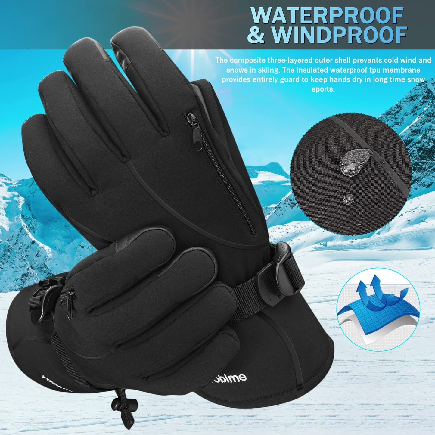 Ski Gloves Man Winter Warm Touchscreen Snow Cold Weather Skiing Snowboarding Women Breathable Waterproof Windproof Snowboard Glove Wrist Leashes