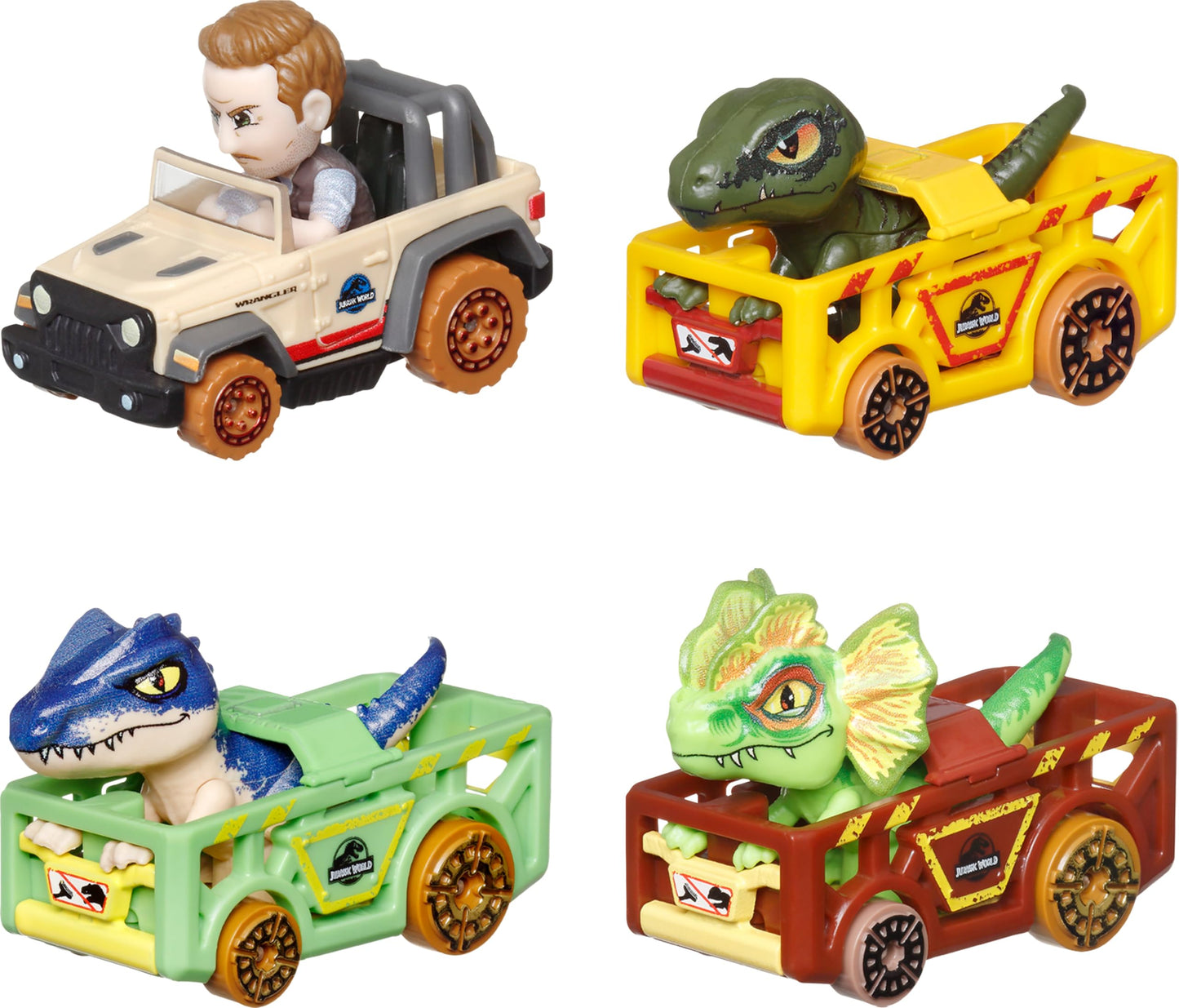 Hot Wheels RacerVerse, Set of 4 Car & Truck Play Vehicles with Jurassic World Characters as Drivers