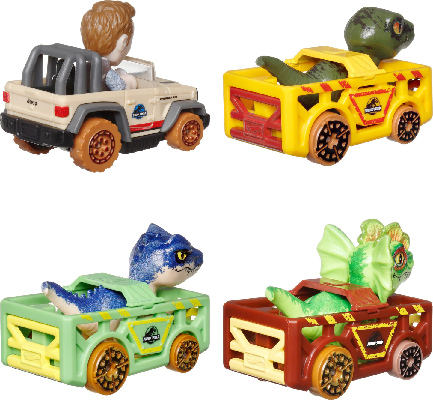 Hot Wheels RacerVerse, Set of 4 Car & Truck Play Vehicles with Jurassic World Characters as Drivers