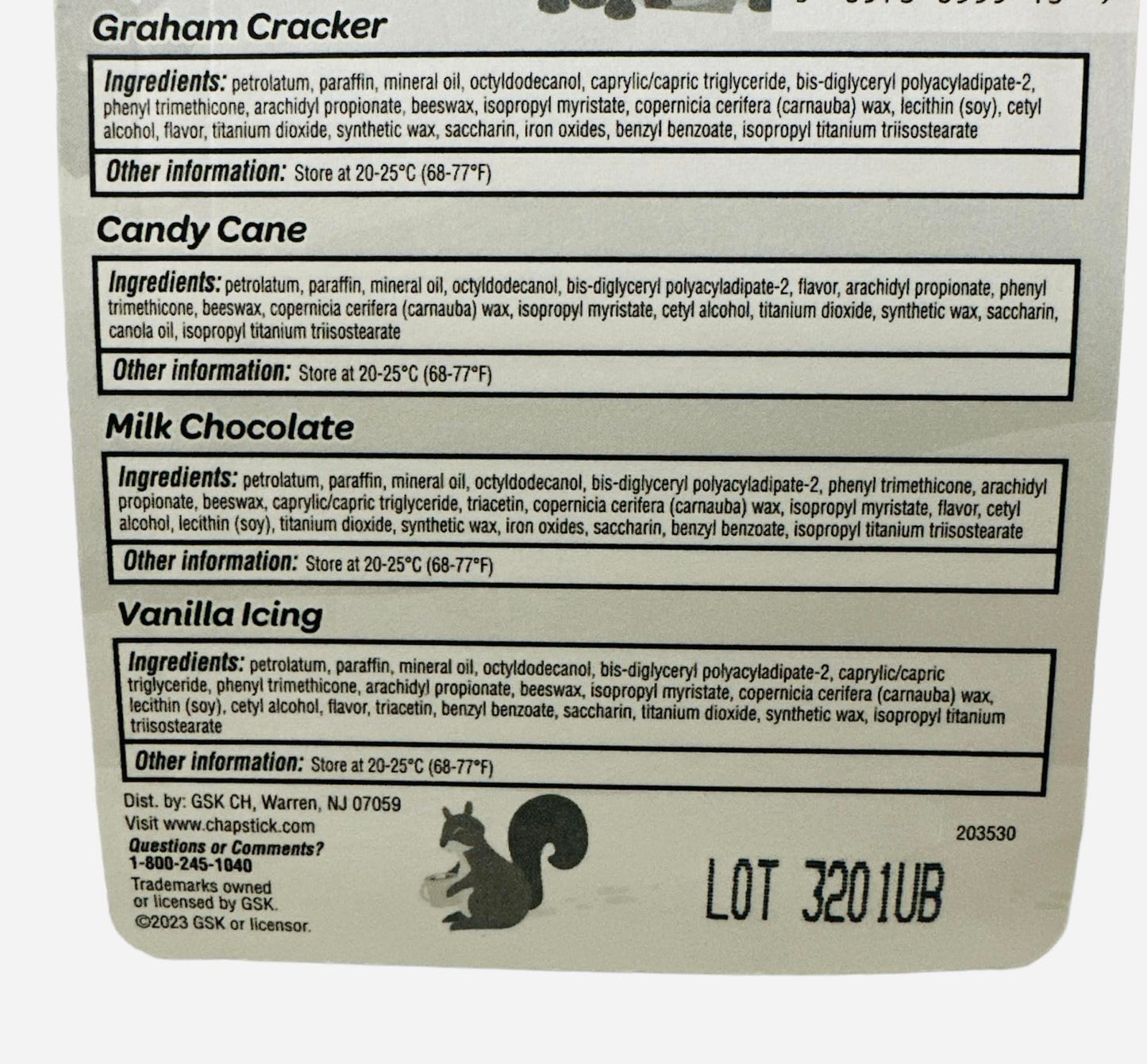 Chapstick GingerBread, Holiday Graham Cracker, Candy Cane, Vanilla Icing and Milk Chocolate Lip Balm - 4ct