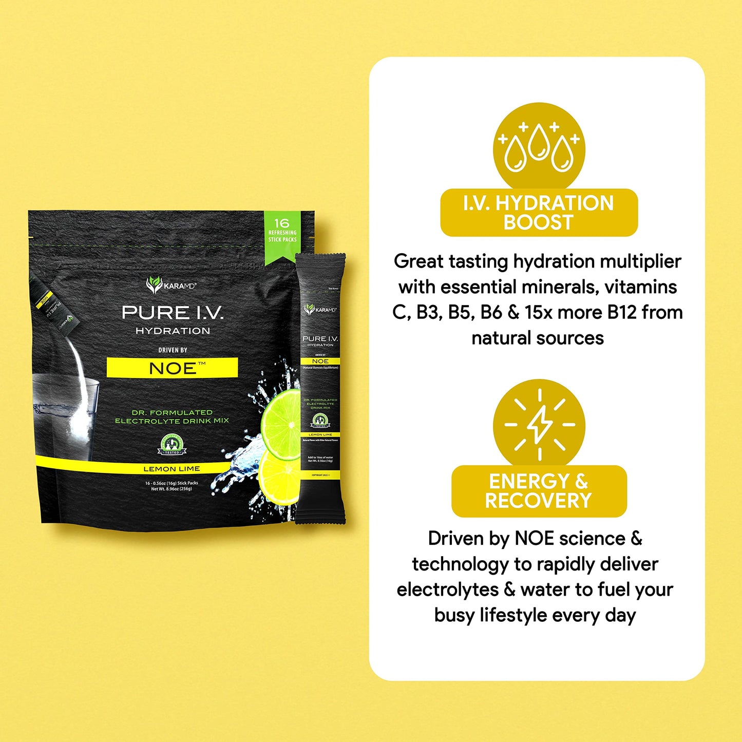 KaraMD Pure I.V. - Professionally Formulated Electrolyte Lemon Lime Powder Drink Mix – Refreshing & Delicious Hydrating Packets with Vitamins & Minerals – Lemon Lime - 1 Bag (16 Sticks)