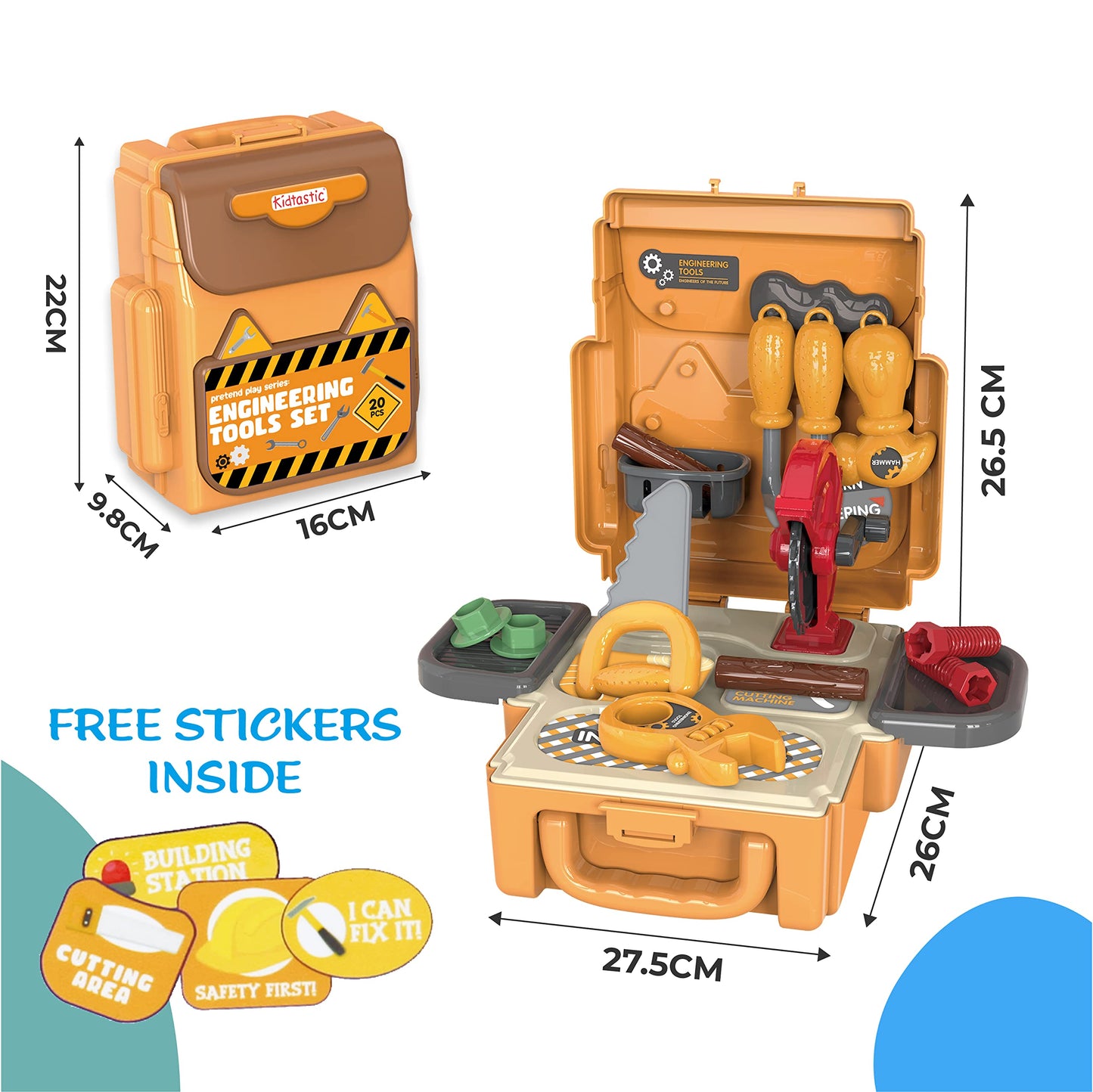 Kidtastic STEM Learning Engineering Tool Bag Set, 20 Pcs Pretend Play Kit for Ages 3-6+ Kids, Montessori, Autism-Friendly Construction Activities for Toddler, Girls, Boys Playset