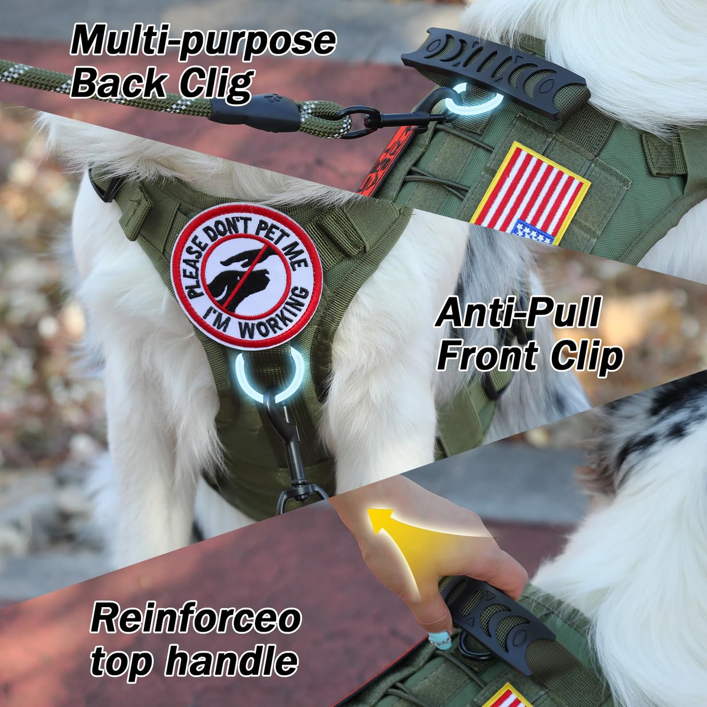 Yungaspy No Pull Dog Harness for Large Dogs, Escape Proof Molle Dog Vest Harness and Leash set, Adjustable Military Service Dog Harness with Handle for Medium Large Dogs (green, Small)