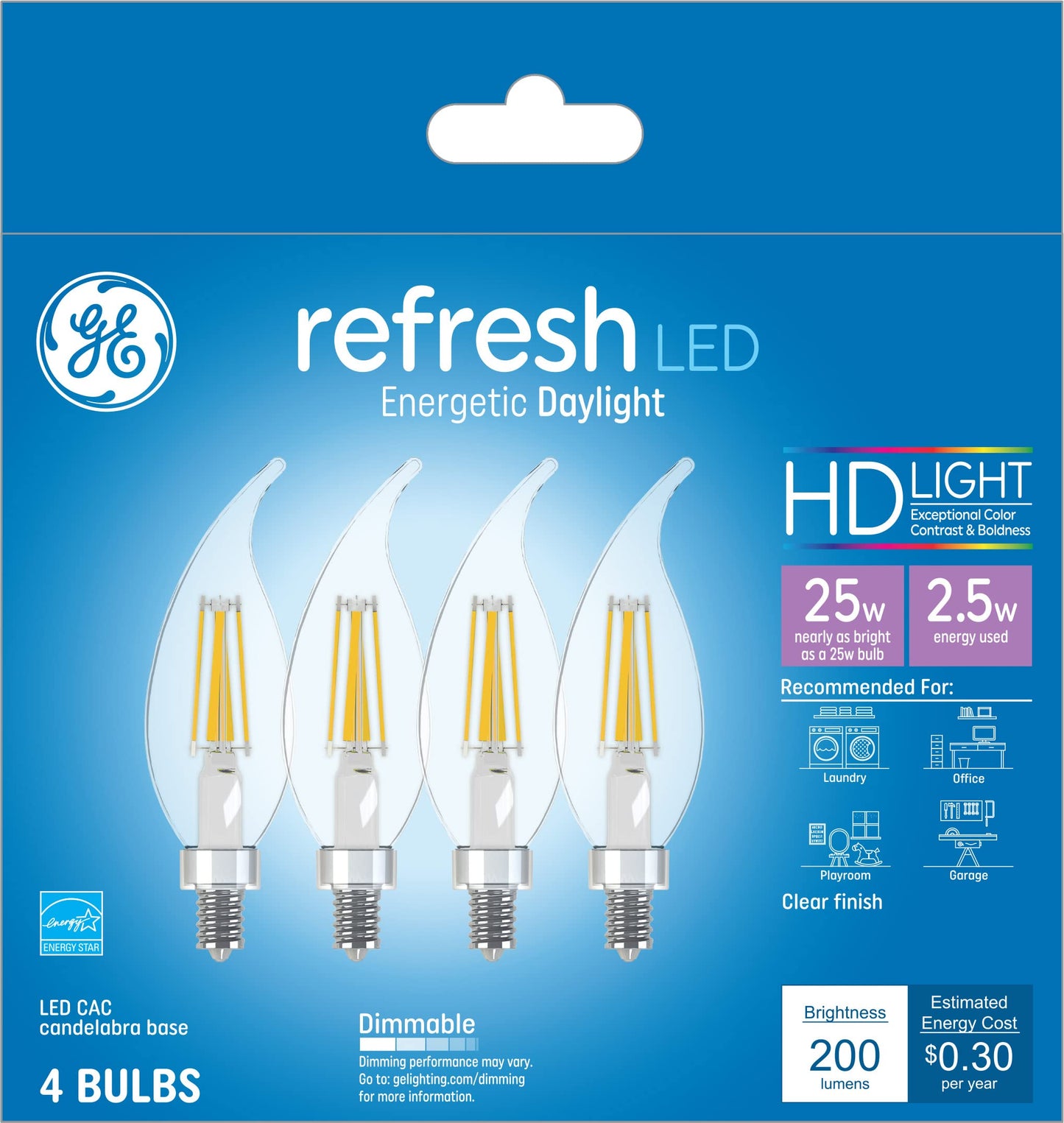 GE 45567 LED Chandelier Light Bulbs, Candle Shape, Clear Daylight, 200 Lumens, 2.5 Watt, 4-Pk. - Quantity 1