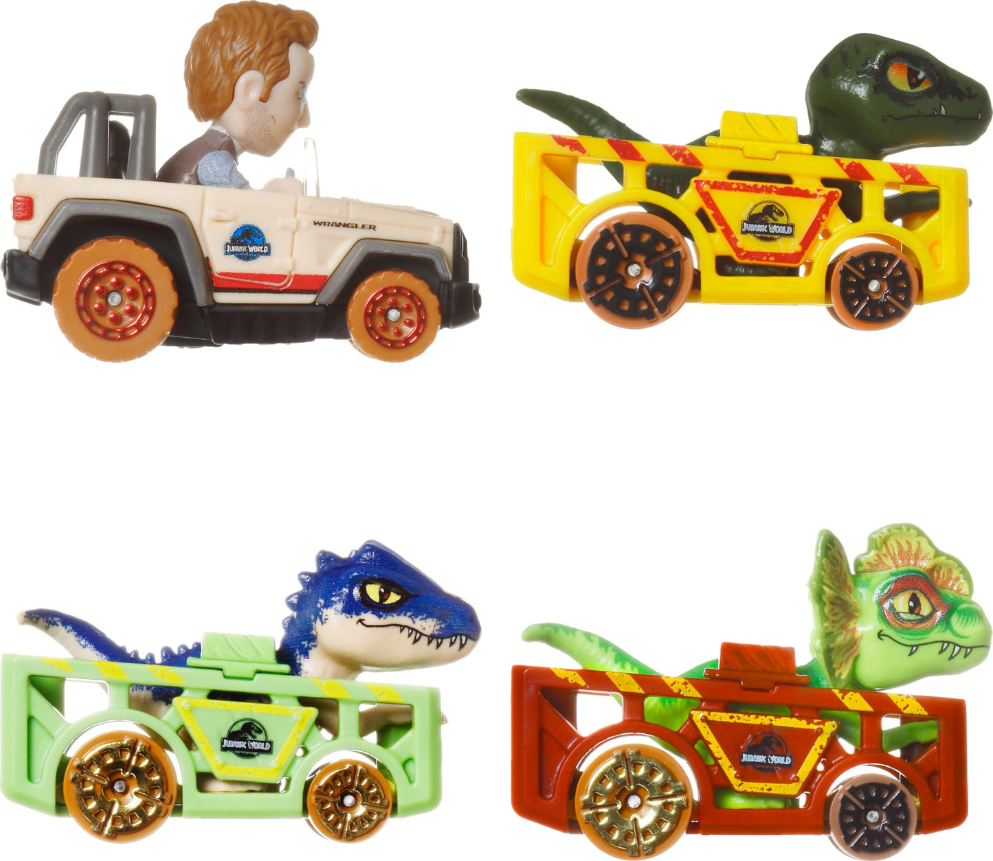 Hot Wheels RacerVerse, Set of 4 Car & Truck Play Vehicles with Jurassic World Characters as Drivers