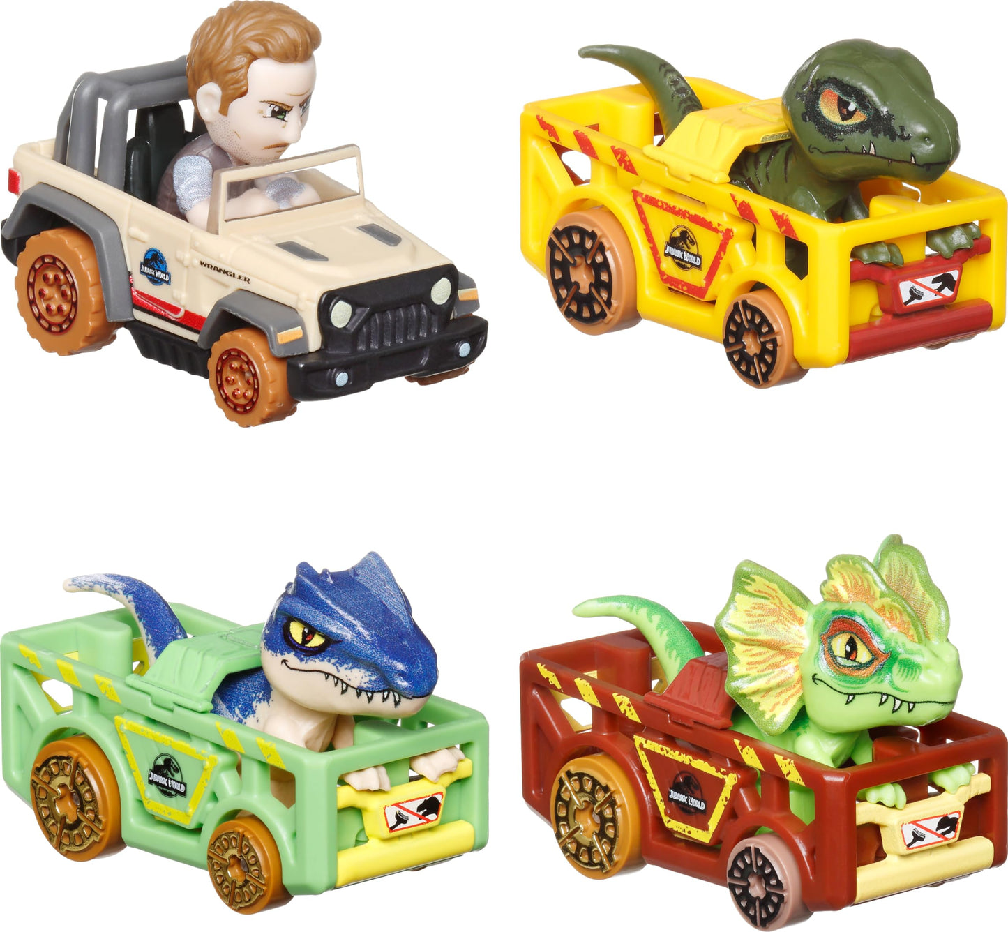Hot Wheels RacerVerse, Set of 4 Car & Truck Play Vehicles with Jurassic World Characters as Drivers