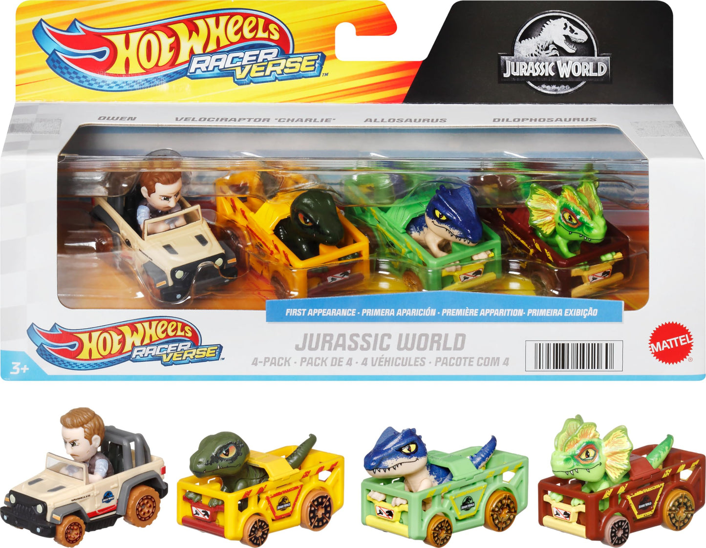 Hot Wheels RacerVerse, Set of 4 Car & Truck Play Vehicles with Jurassic World Characters as Drivers