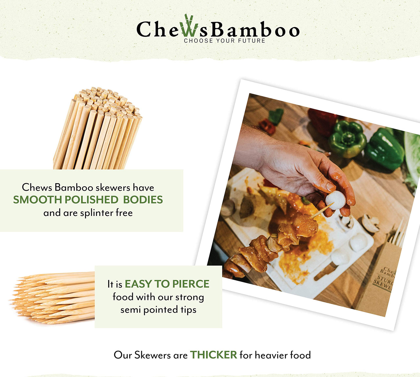 Chews Bamboo Skewers 14 inch, 4mm Thick, Wooden Skewers for Grilling and Shish Kabob Skewers (100 Kebab Sticks per Box)