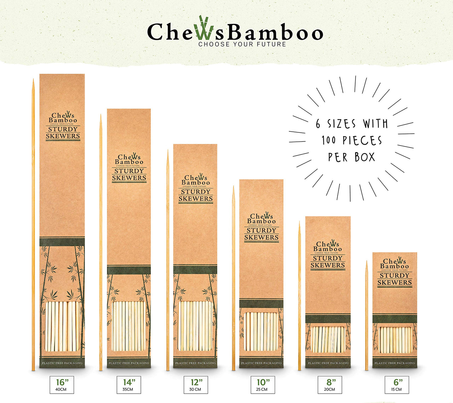 Chews Bamboo Skewers 14 inch, 4mm Thick, Wooden Skewers for Grilling and Shish Kabob Skewers (100 Kebab Sticks per Box)
