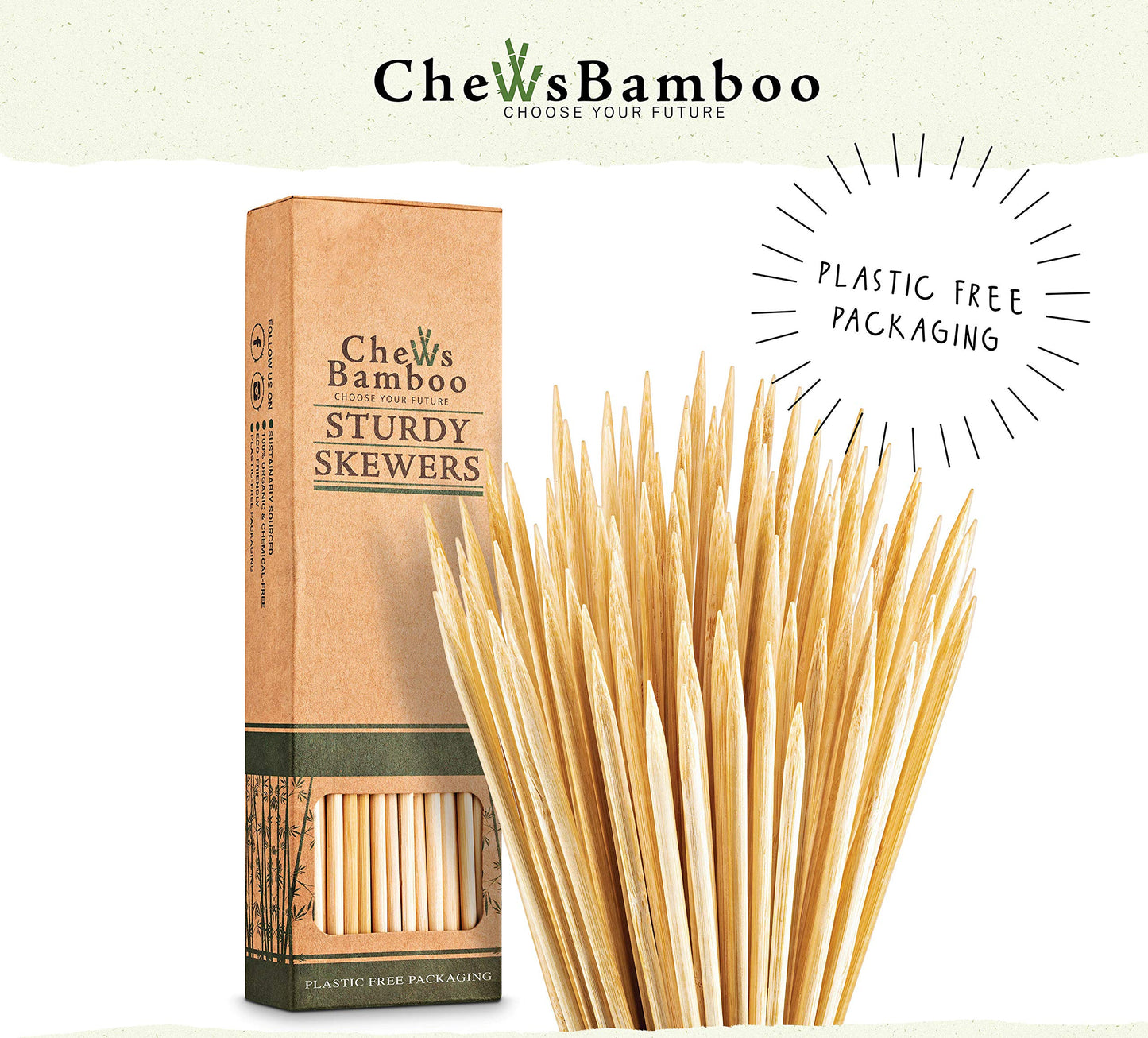 Chews Bamboo Skewers 14 inch, 4mm Thick, Wooden Skewers for Grilling and Shish Kabob Skewers (100 Kebab Sticks per Box)