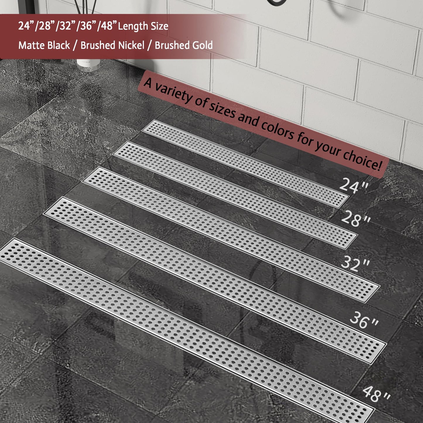Muschbath 24 Inch Linear Shower Drain, Brushed Rectangular Floor Drain, Flat and Tile-in Grate, 304 Stainless Steel, Easy to Install & Clean for Bathrooms (Drain Base Not Included)
