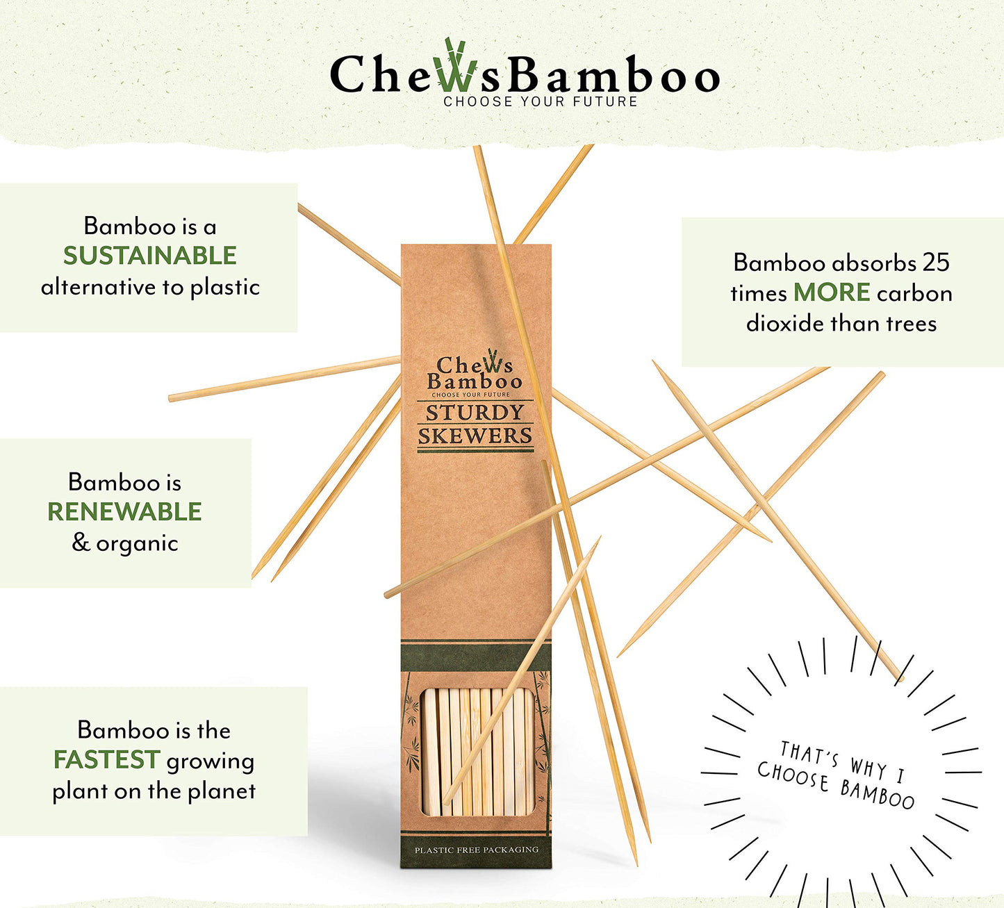 Chews Bamboo Skewers 14 inch, 4mm Thick, Wooden Skewers for Grilling and Shish Kabob Skewers (100 Kebab Sticks per Box)