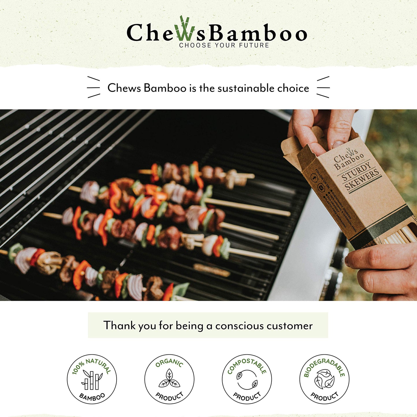 Chews Bamboo Skewers 14 inch, 4mm Thick, Wooden Skewers for Grilling and Shish Kabob Skewers (100 Kebab Sticks per Box)