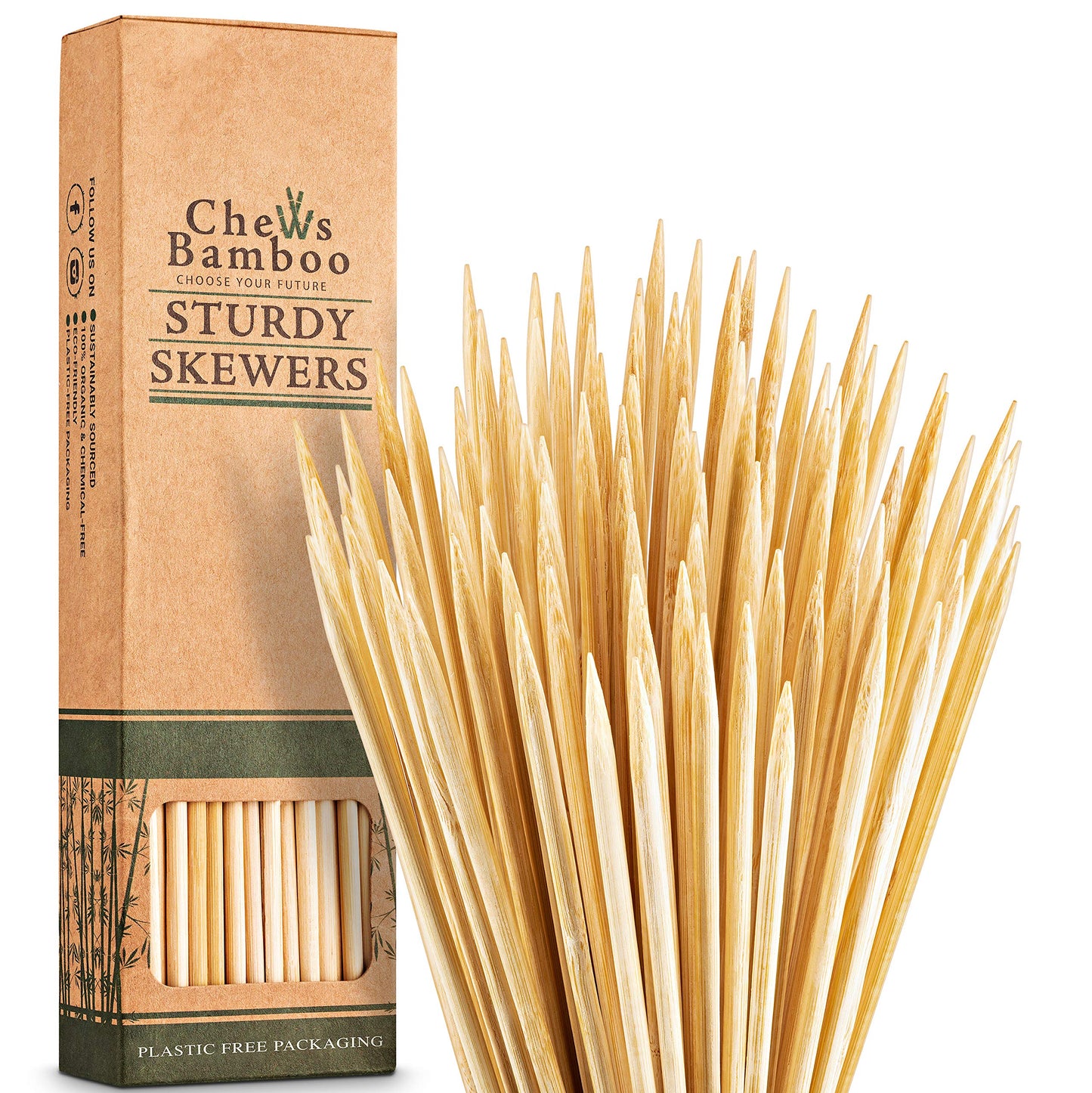 Chews Bamboo Skewers 14 inch, 4mm Thick, Wooden Skewers for Grilling and Shish Kabob Skewers (100 Kebab Sticks per Box)