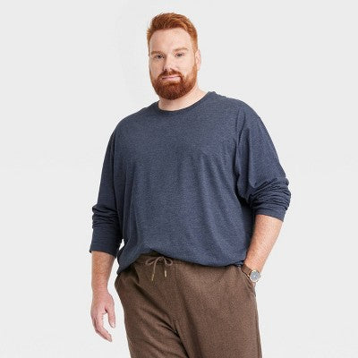 Men's Every Wear Big & Tall Crewneck Long Sleeve T-Shirt Heathered Navy Blue 4XL