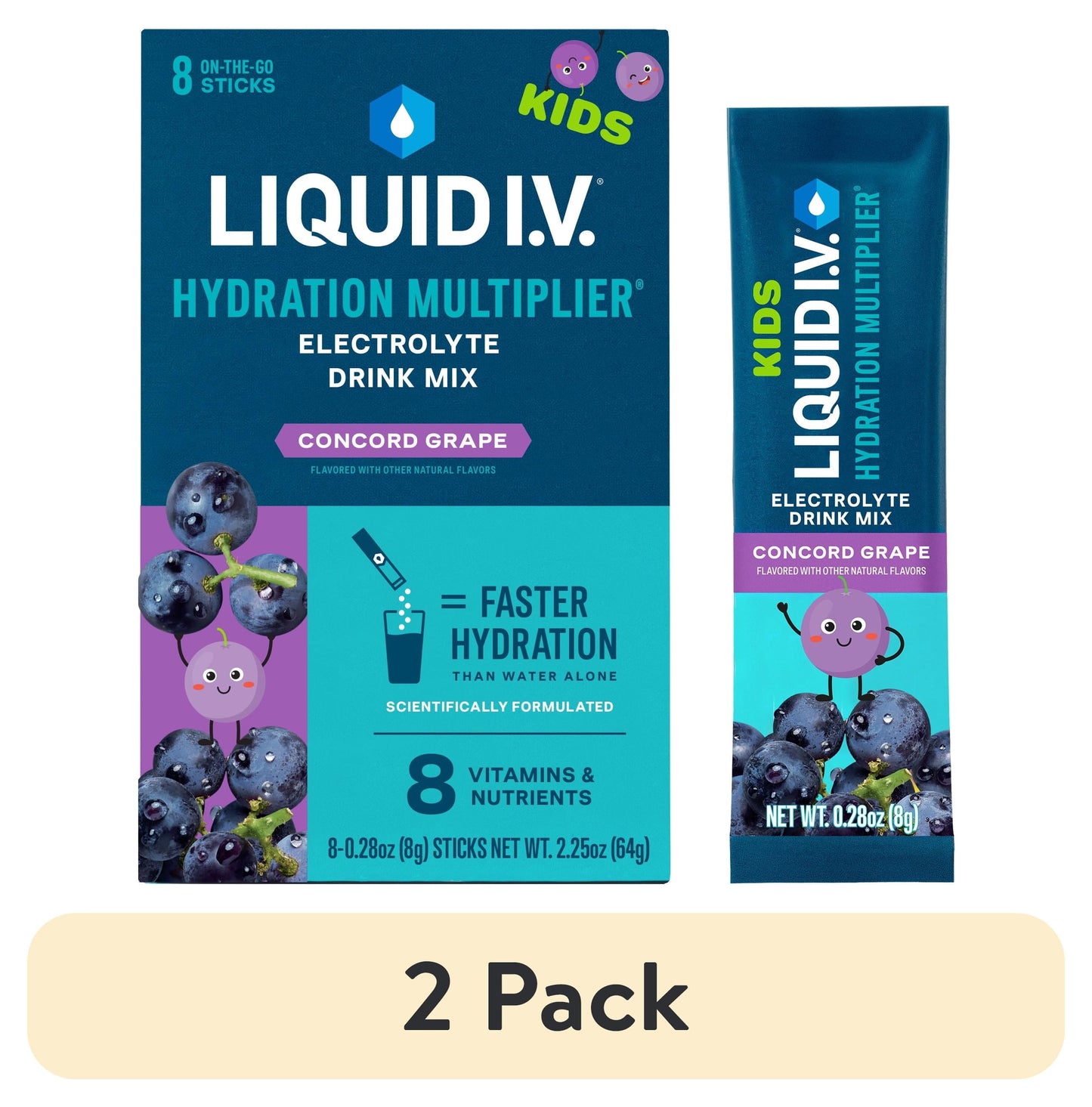 Liquid I.V. Concord Grape Hydration Multiplier for Kids Powdered Electrolyte Drink Mix, 8 Count (2 pack)