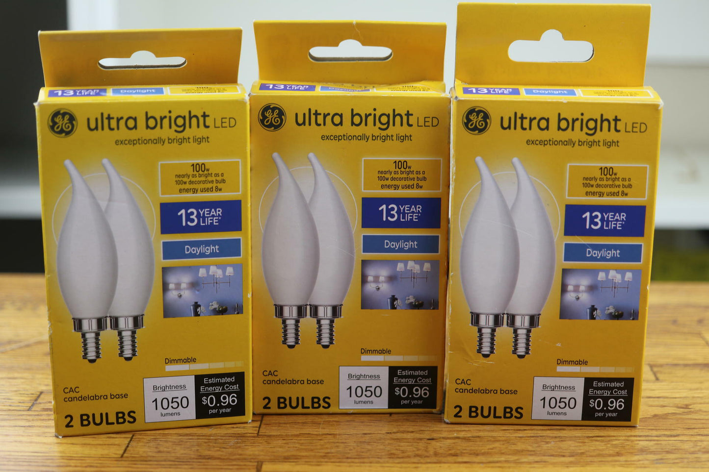 Lot of 3 GE Ultra Bright Led 2 pack CAC Candelabra Base Daylight Brightness 1050