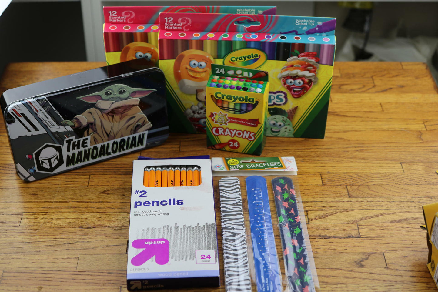 School Supplies Crayola 24-Count, Pencil Box, #2 pencils, ruler, scented markers