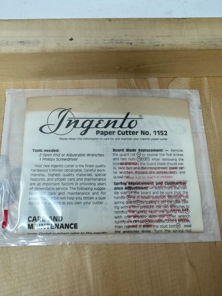 Vintage Ingento Wood Paper Cutter W/ Cast Iron Cutter NO.1152-18" Style B
