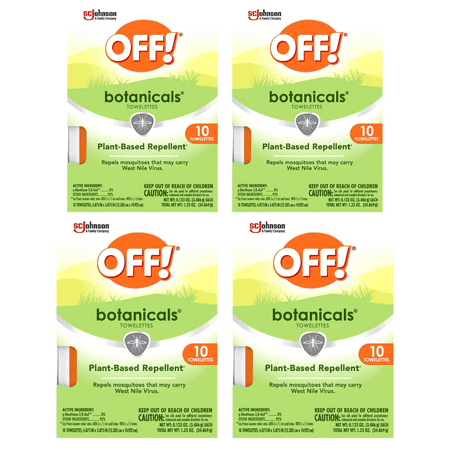 OFF! Botanicals Insect Repellent Wipes, Plant-Based Mosquito Repellent, 10 Count Individually Wrapped Wipes DEET FREE (4 BOXES - 40 WIPES VALUE PACK)