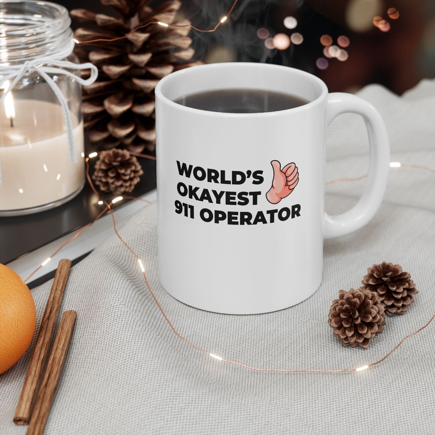 Taglines Gift Co. - World's Okayest 911 Operator Mug - 11 oz Ceramic Mug - Novelty Coffee Tea Cup