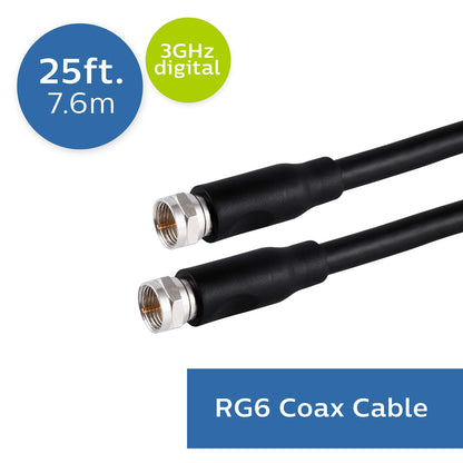 Philips RG6 Dual Shield Coaxial Cable, 25 ft. Ideal for TV Antenna DVR VCR Satellite Cable, F-Type Connectors, 3Ghz Digital, Black, SWV2155H/37