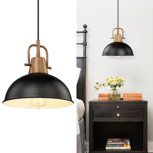Emliviar 10.2 Inch 1-Light Farmhouse Pendant Light, Modern Pendant Lighting for Kitchen Island, Hammered Metal Dome Shade in Black Finish, GE269MIL BK+WD