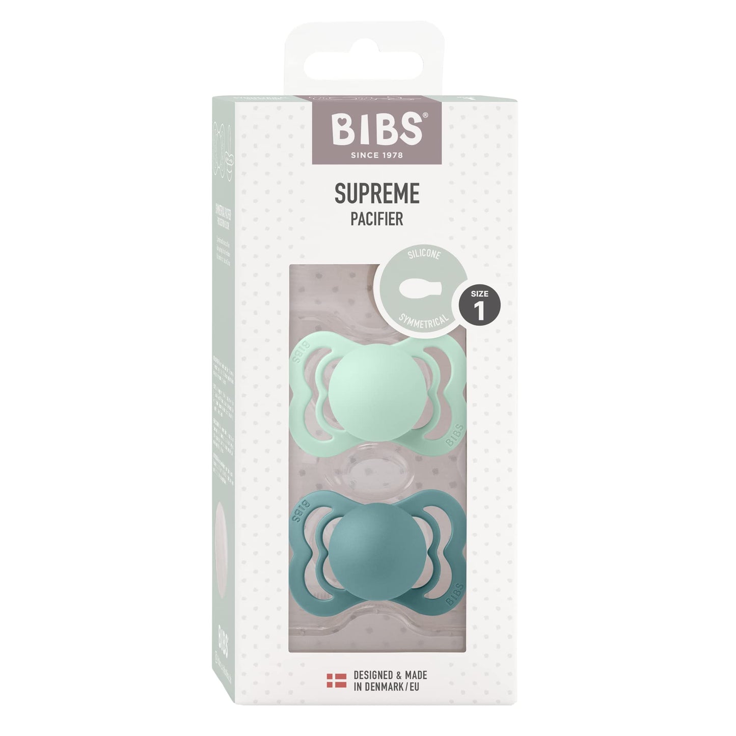 2 pack Bibs Supreme Collection Natural Rubber + latex Pacifier 0-6 mo. Sz. 1