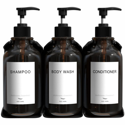 Modern Shampoo and Conditioner Dispenser Wall Mount Set of 3 - No Drill 16oz Bathroom Shower Soap Dispenser Wall Mounted with 6 Labels, Easy to Refill Shower Shampoo Dispenser 3 Chamber - Amber