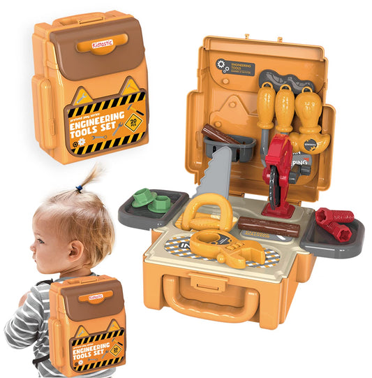 Kidtastic STEM Learning Engineering Tool Bag Set, 20 Pcs Pretend Play Kit for Ages 3-6+ Kids, Montessori, Autism-Friendly Construction Activities for Toddler, Girls, Boys Playset